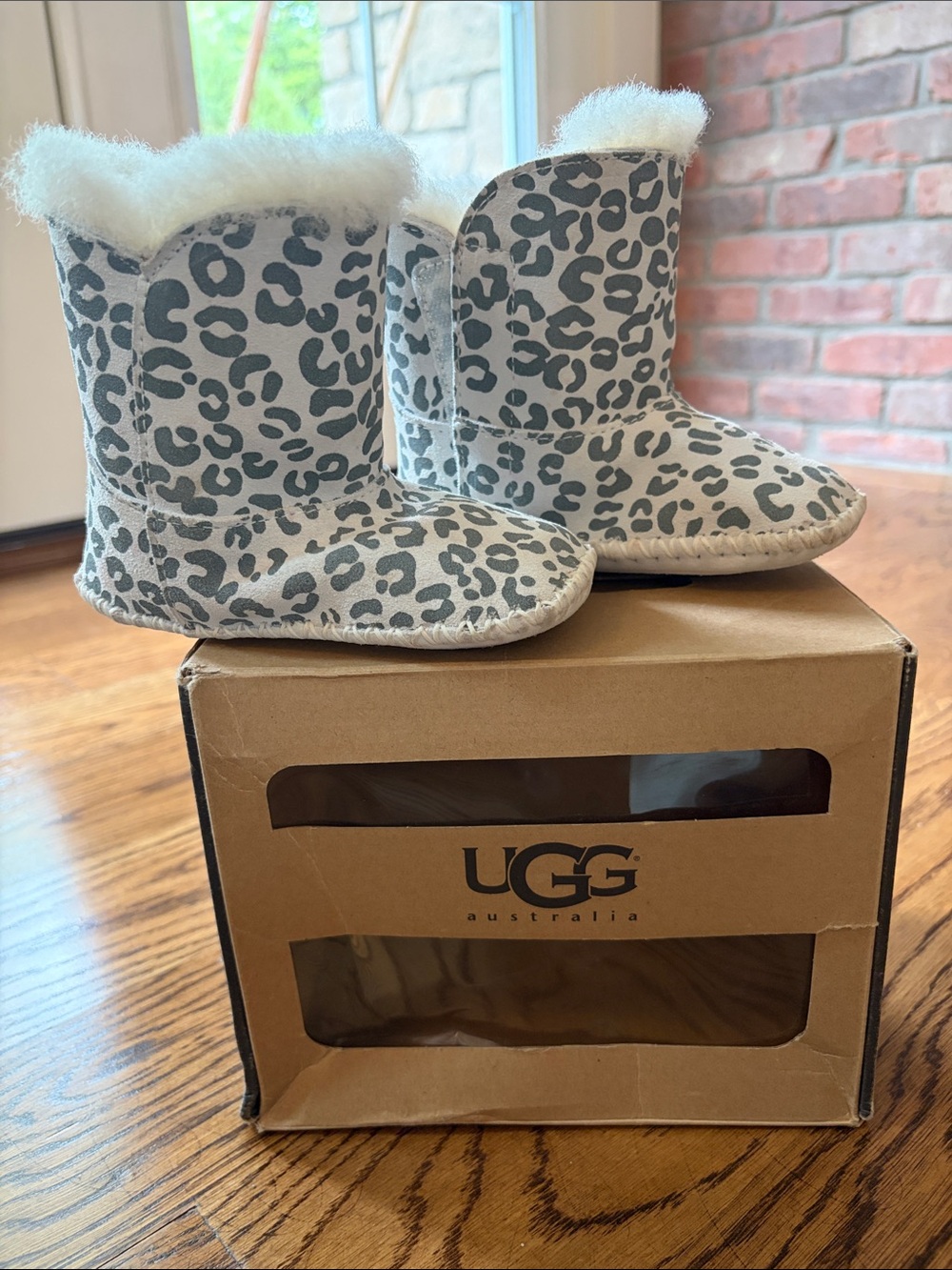 UGG Kids Gray Leopard Print Sheepskin Booties